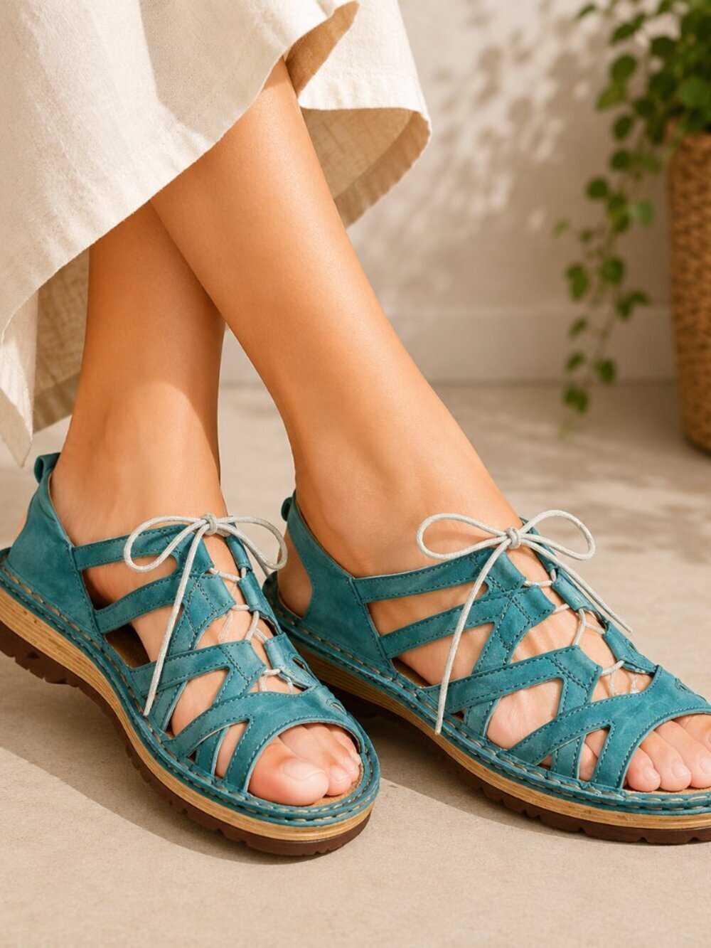 Naot Yarrow Lace Up Strappy Comfort Sandal Shoe Blue Women's 7 Nubuck Leather 38